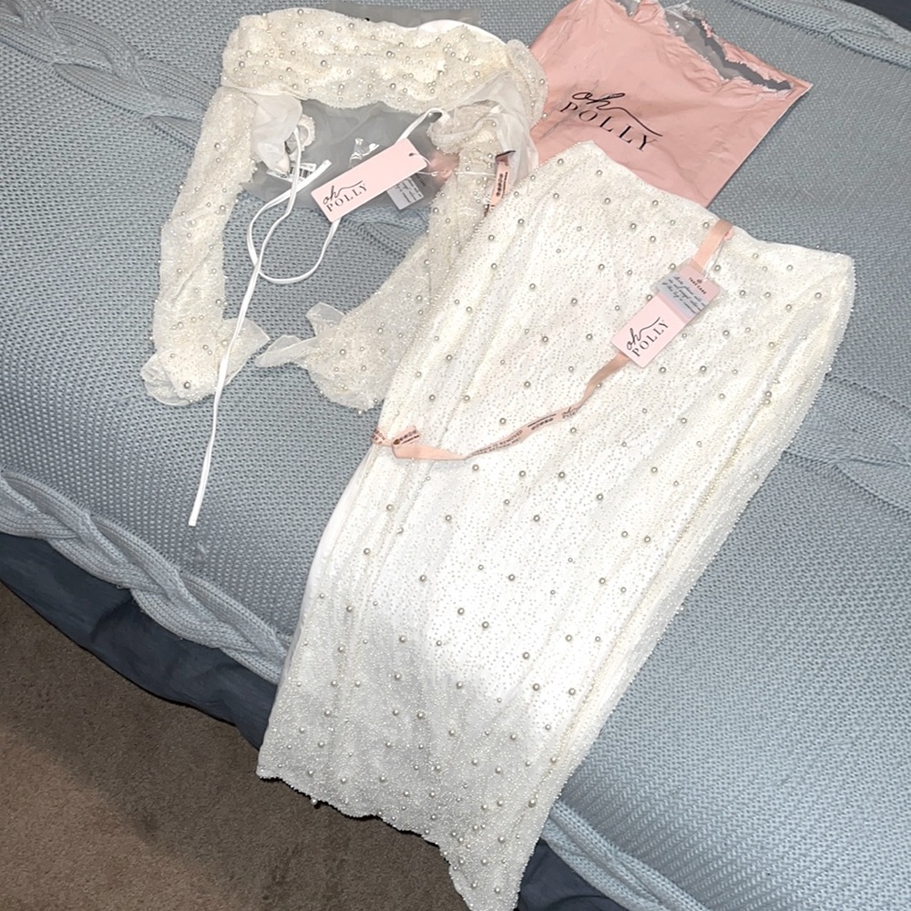 LA DÉSIRADE Embellished Sleeve Cowl Neck Crop Top & Maxi Skirt in Ivory